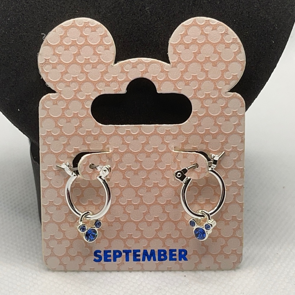 Disney parks hoop earrings, September birthstone Mickey head, NEW